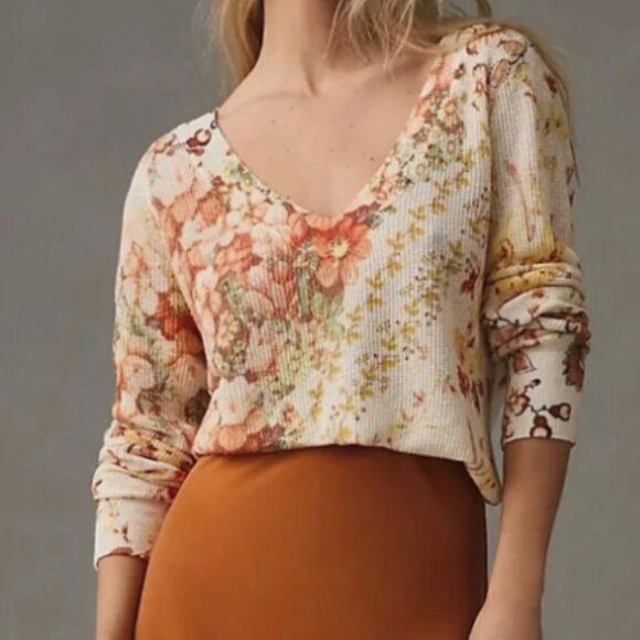 Anthropologie XS Knit Sweater Ivory Floral V-Neck Hi-Low Boho Pullover Top - Picture 2 of 16